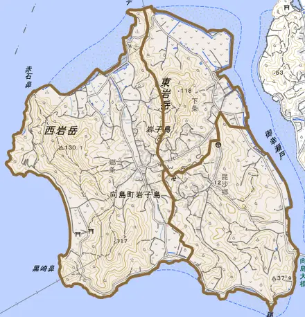 向島町岩子島とその周辺の地図。町の範囲を重ねている
