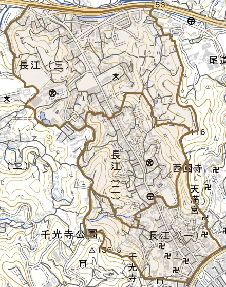長江とその周辺の地図。町の範囲を重ねている