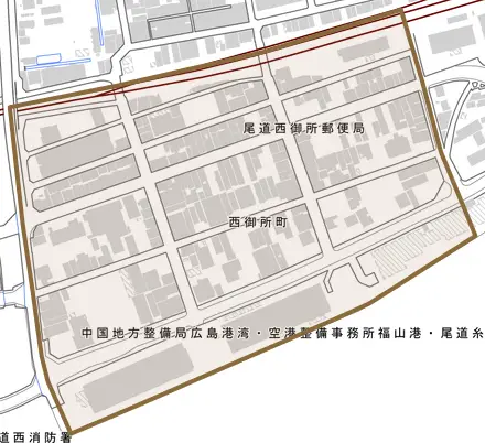 西御所町とその周辺の地図。町の範囲を重ねている