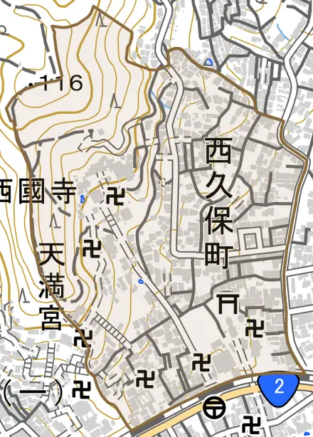 西久保町とその周辺の地図。町の範囲を重ねている