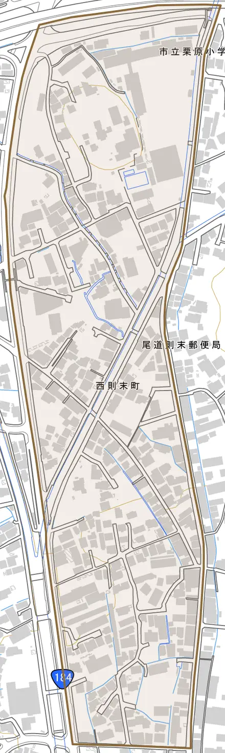 西則末町とその周辺の地図。町の範囲を重ねている