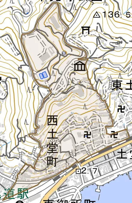 西土堂町とその周辺の地図。町の範囲を重ねている