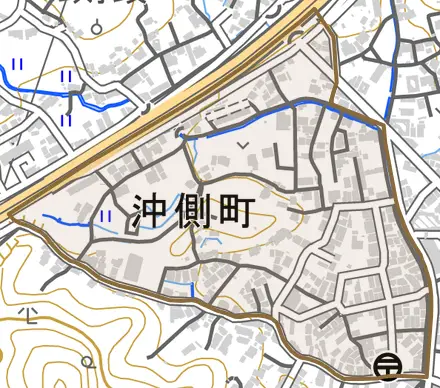 沖側町とその周辺の地図。町の範囲を重ねている