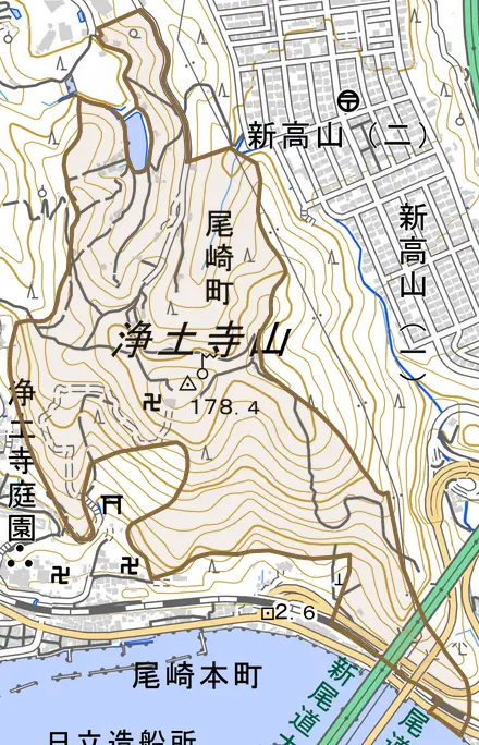 尾崎町とその周辺の地図。町の範囲を重ねている