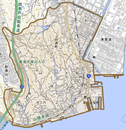 山波町とその周辺の地図。町の範囲を重ねている