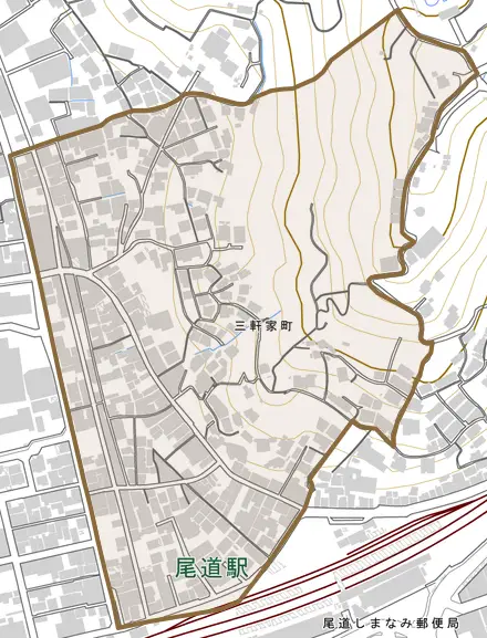 三軒家町とその周辺の地図。町の範囲を重ねている