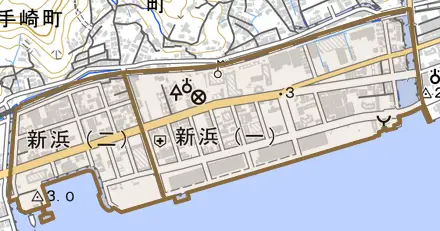 新浜とその周辺の地図。町の範囲を重ねている