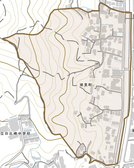 潮見町とその周辺の地図。町の範囲を重ねている