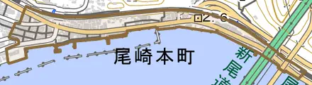 尾崎本町とその周辺の地図。町の範囲を重ねている