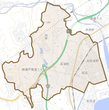 高須町とその周辺の地図。町の範囲を重ねている