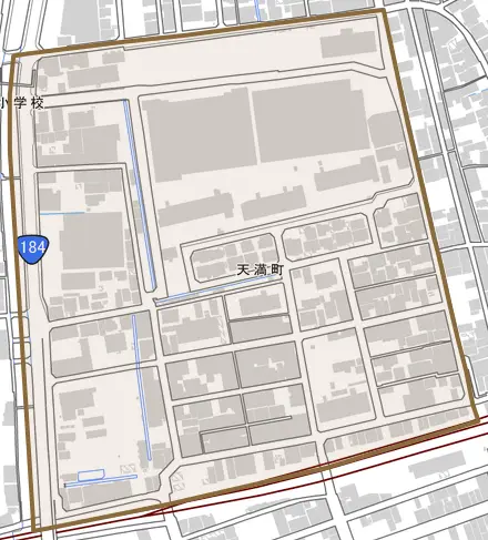 天満町とその周辺の地図。町の範囲を重ねている