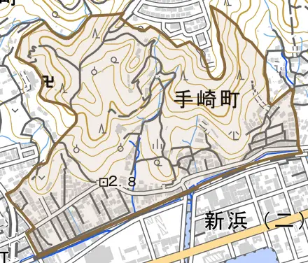 手崎町とその周辺の地図。町の範囲を重ねている