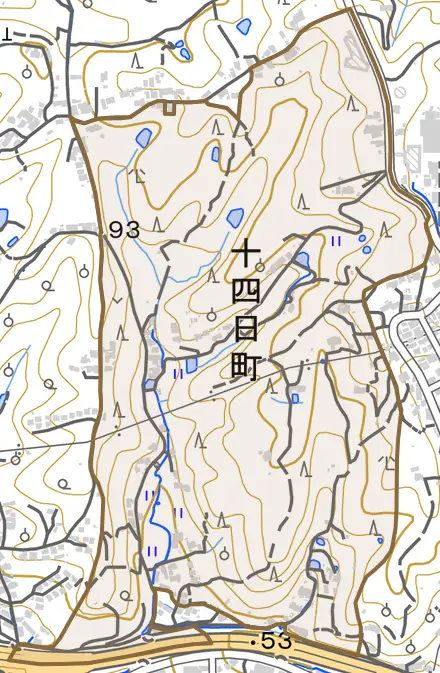 十四日町とその周辺の地図。町の範囲を重ねている