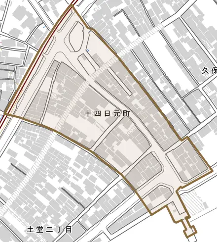 十四日元町とその周辺の地図。町の範囲を重ねている