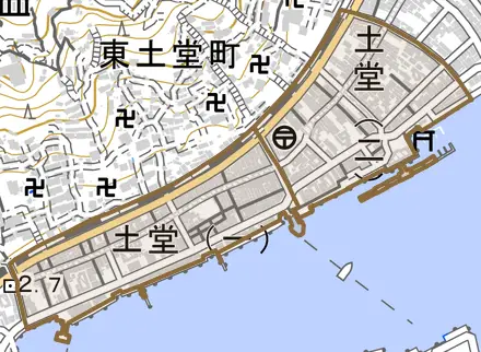 土堂とその周辺の地図。町の範囲を重ねている
