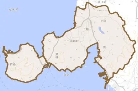 浦崎町とその周辺の地図。町の範囲を重ねている