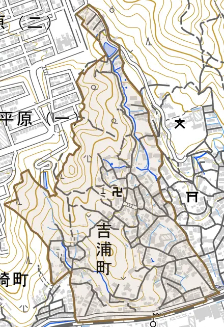 吉浦町とその周辺の地図。町の範囲を重ねている