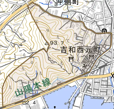 吉和西元町とその周辺の地図。町の範囲を重ねている