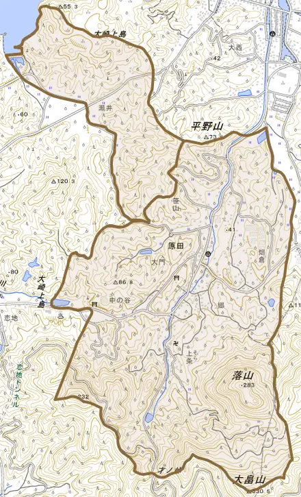 原田とその周辺の地図。町の範囲を重ねている