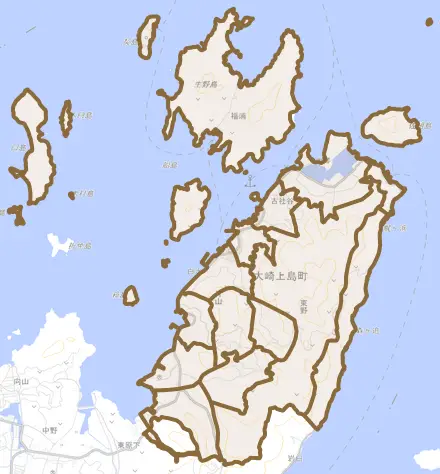 東野とその周辺の地図。町の範囲を重ねている