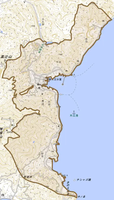 木江とその周辺の地図。町の範囲を重ねている