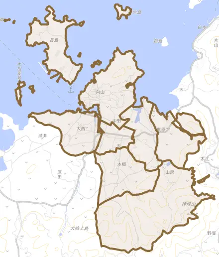 中野とその周辺の地図。町の範囲を重ねている