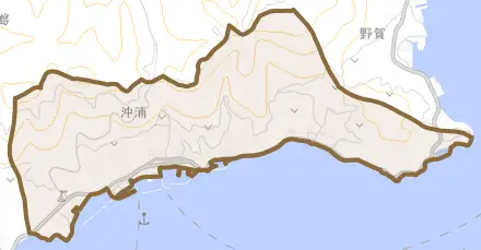 沖浦とその周辺の地図。町の範囲を重ねている