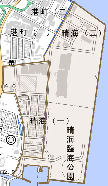 晴海とその周辺の地図。町の範囲を重ねている