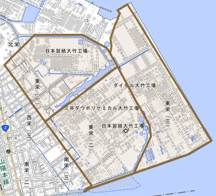 東栄とその周辺の地図。町の範囲を重ねている
