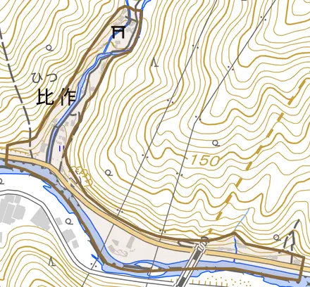 比作とその周辺の地図。町の範囲を重ねている