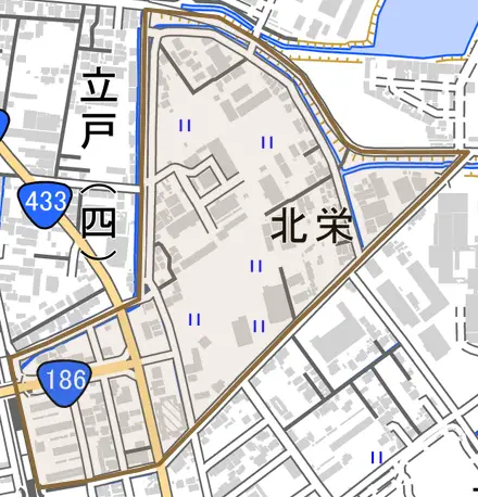 北栄とその周辺の地図。町の範囲を重ねている