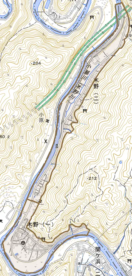 木野とその周辺の地図。町の範囲を重ねている