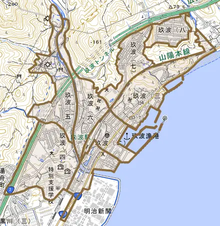 玖波とその周辺の地図。町の範囲を重ねている