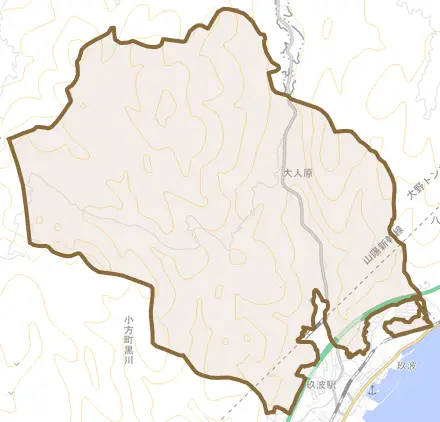 玖波町とその周辺の地図。町の範囲を重ねている
