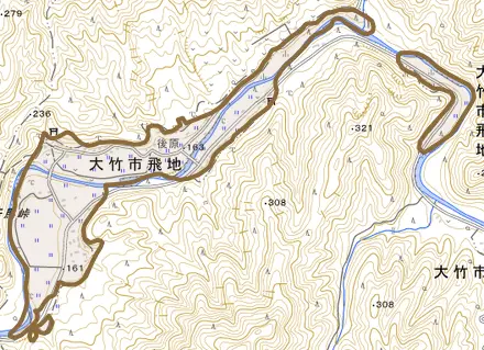 栗谷町後原とその周辺の地図。町の範囲を重ねている
