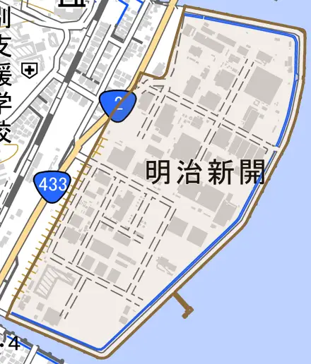 明治新開とその周辺の地図。町の範囲を重ねている