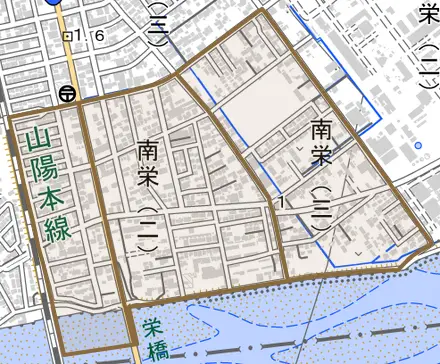 南栄とその周辺の地図。町の範囲を重ねている
