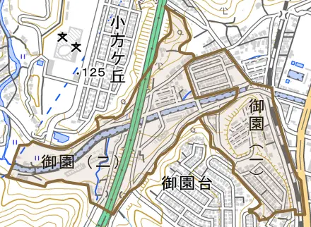 御園とその周辺の地図。町の範囲を重ねている