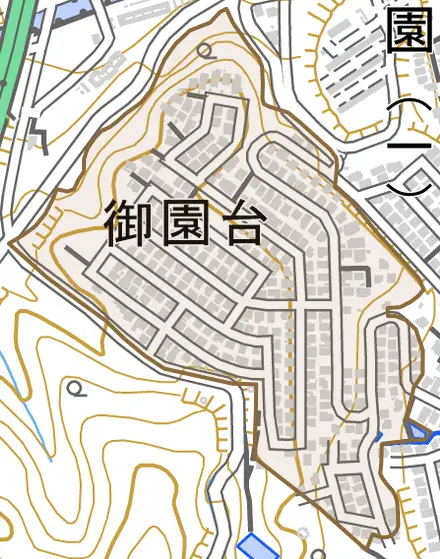 御園台とその周辺の地図。町の範囲を重ねている