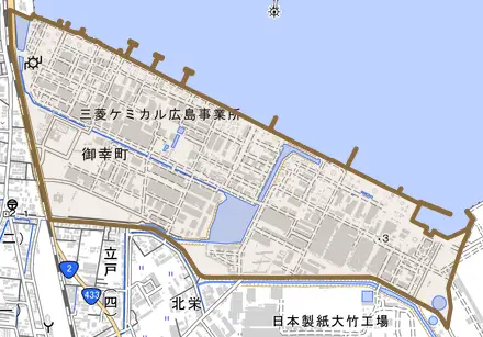 御幸町とその周辺の地図。町の範囲を重ねている