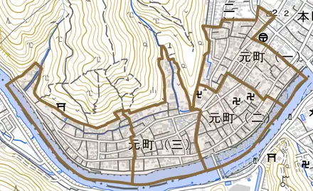 元町とその周辺の地図。町の範囲を重ねている