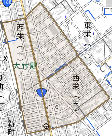 西栄とその周辺の地図。町の範囲を重ねている