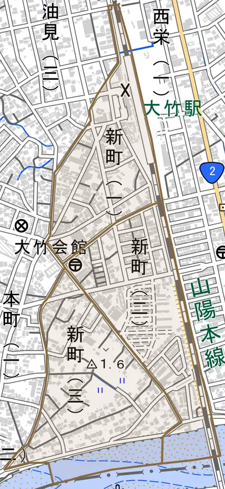 新町とその周辺の地図。町の範囲を重ねている
