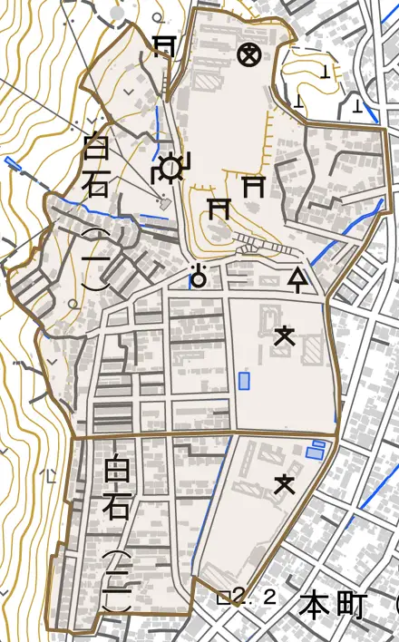白石とその周辺の地図。町の範囲を重ねている