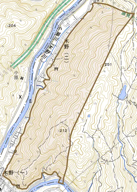 大竹町木野とその周辺の地図。町の範囲を重ねている