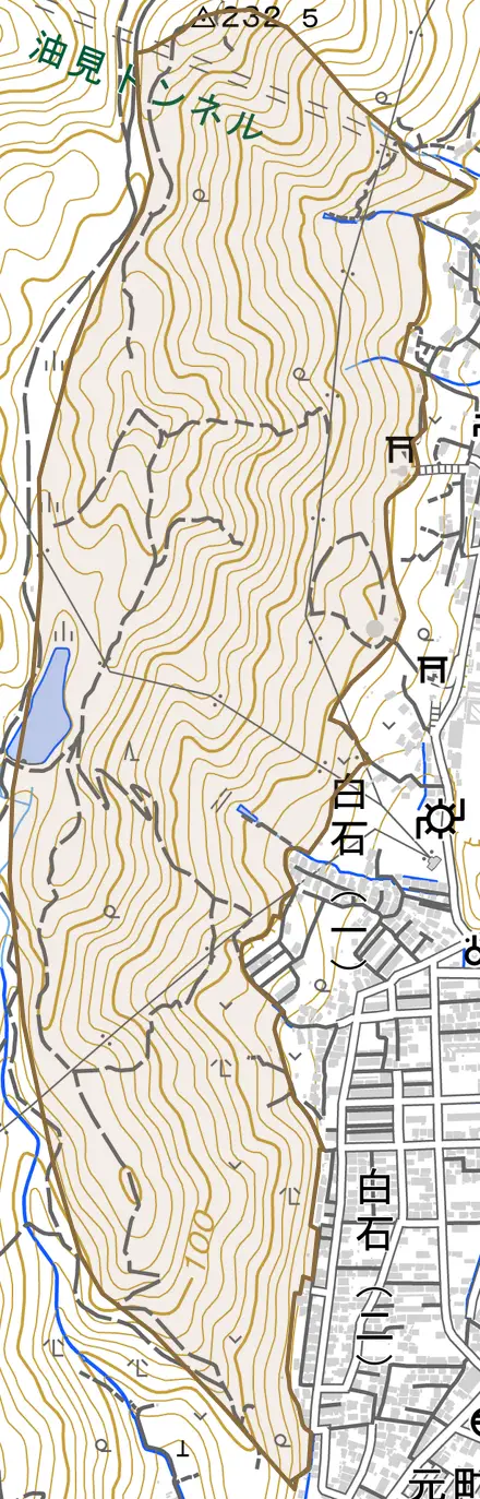 大竹町油見とその周辺の地図。町の範囲を重ねている