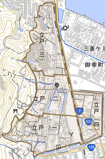 立戸とその周辺の地図。町の範囲を重ねている