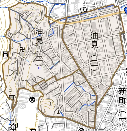 油見とその周辺の地図。町の範囲を重ねている