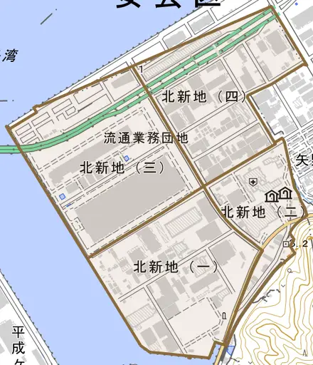 北新地とその周辺の地図。町の範囲を重ねている