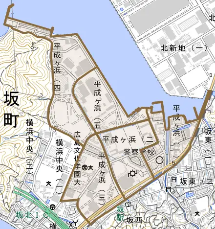 平成ヶ浜とその周辺の地図。町の範囲を重ねている